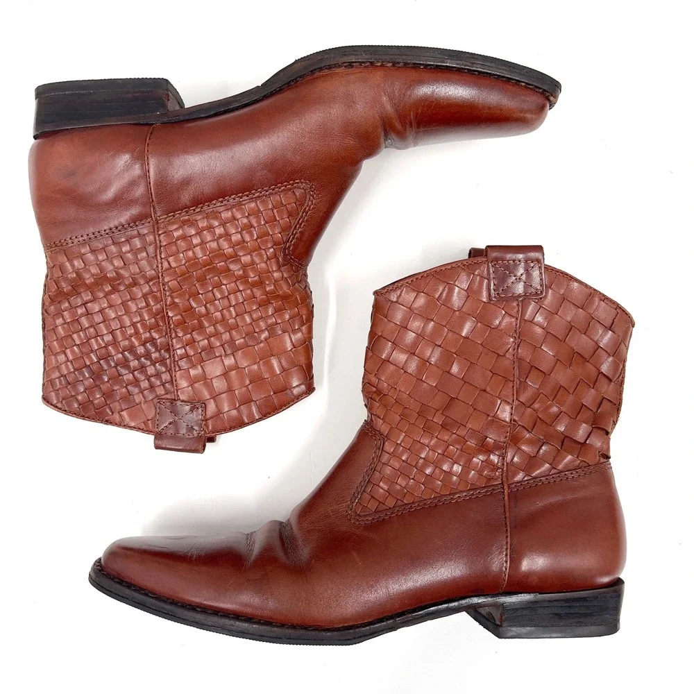 Vintage 90s Womens Woven Leather Ankle Boot Cognac Brown Coastal Cowgirl 8
